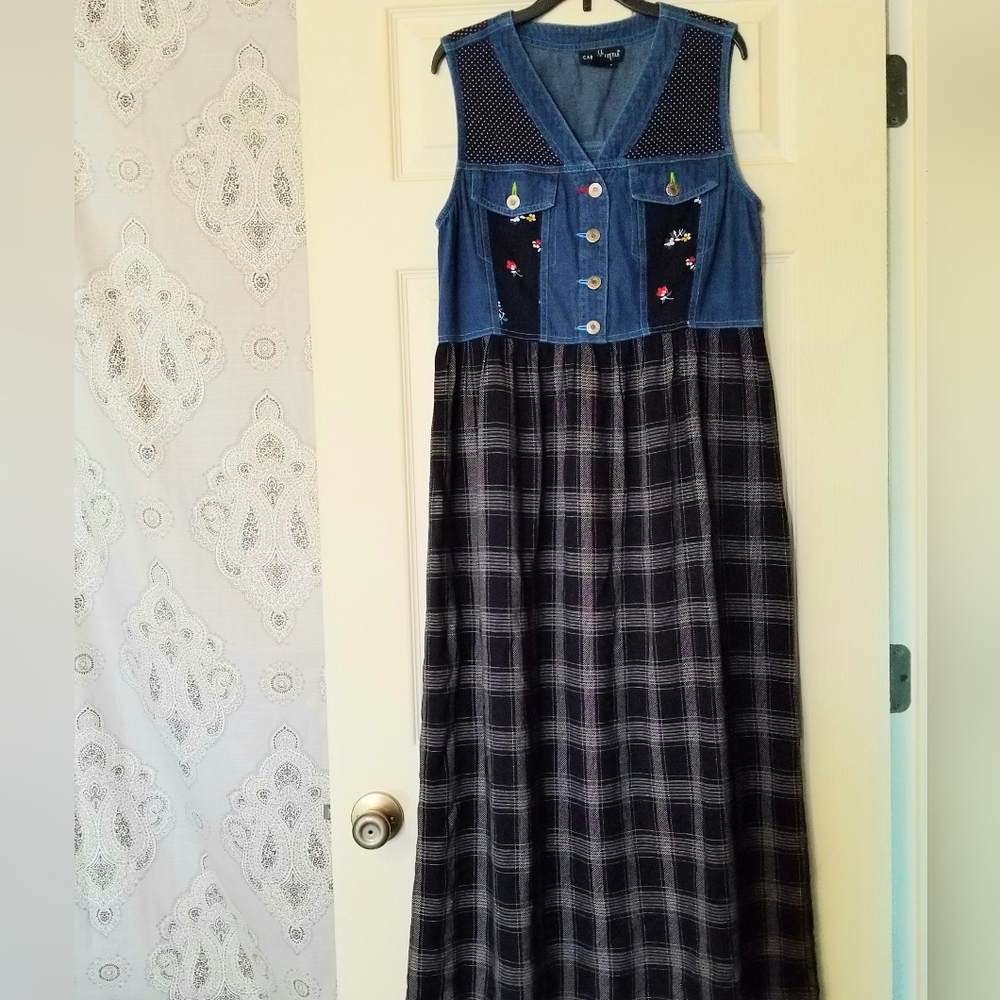 Carole Little Sport Denim Vested Floral Plaid Maxi Dress Vtg 90s Navy Blue Sz 6